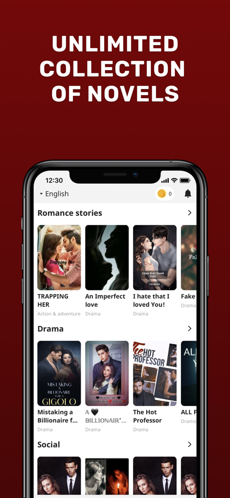 Pratilipi app interface showing a collection of romance and drama novels