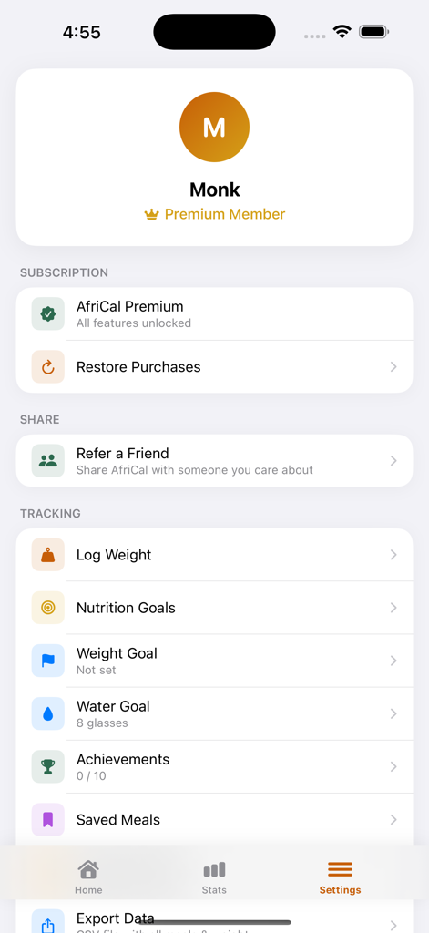 AfriCal app settings interface showing user profile and nutritional tracking goals