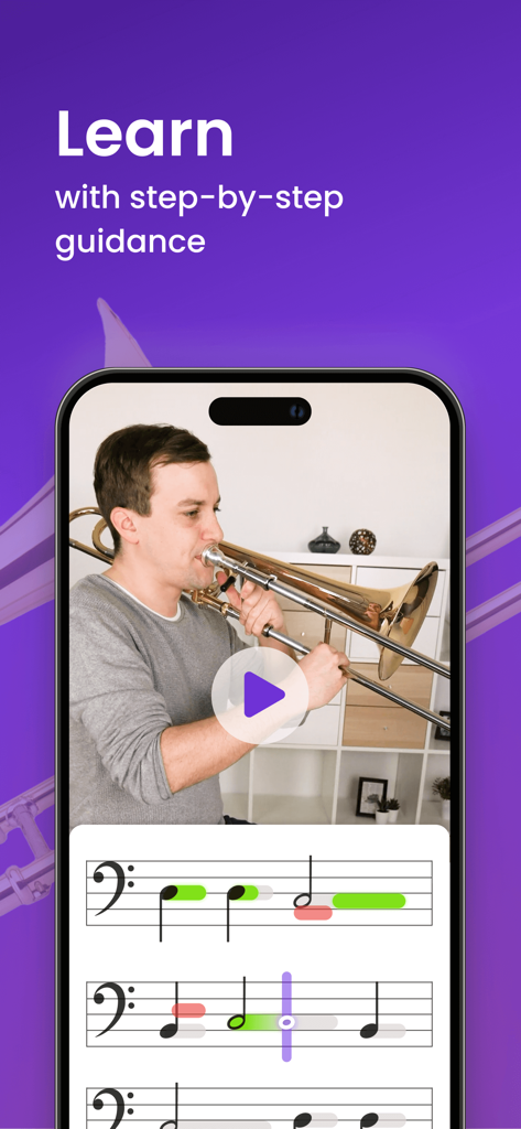 A man playing trombone in a video lesson with real-time feedback on digital sheet music.