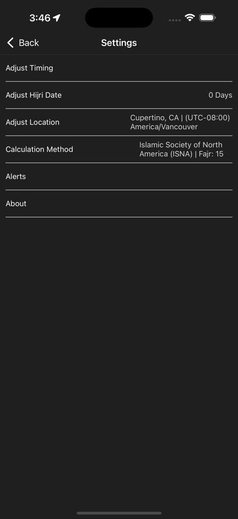 Ramadan Dashboard - Settings menu of the Ramadan Dashboard app showing options to adjust timing, location, and prayer calculation methods.
