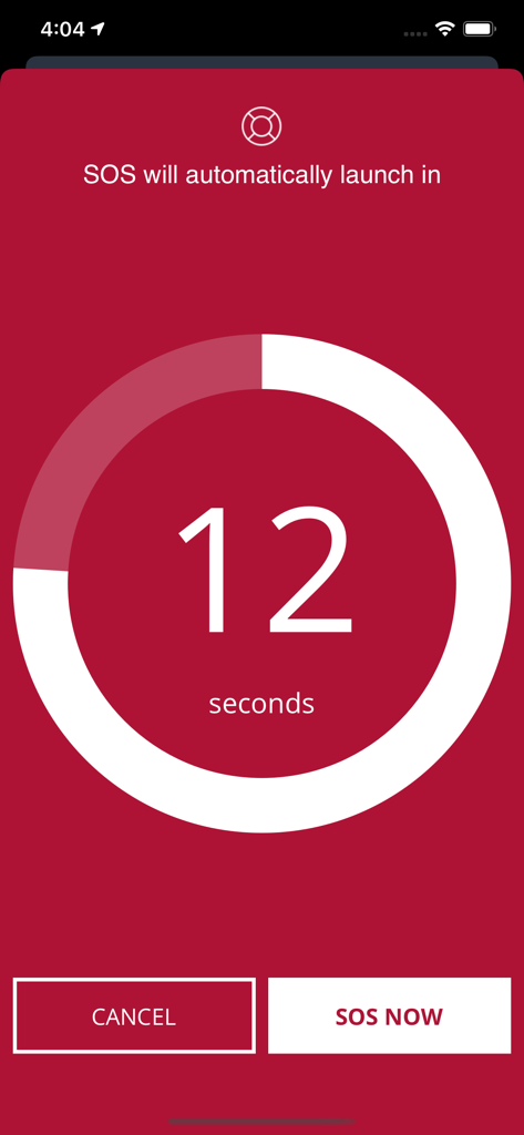 Solace Secure - Solace Secure app emergency SOS countdown screen showing twelve seconds remaining