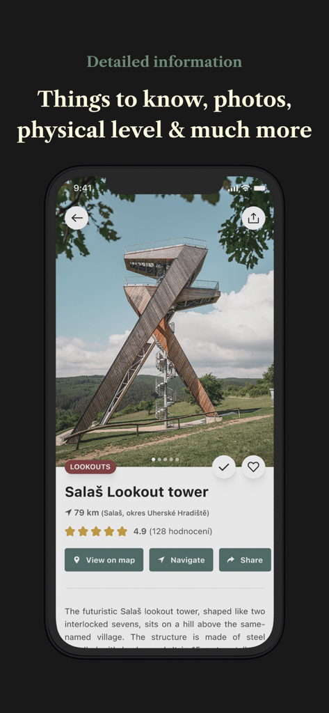 Placehunter: Top places to see - Mobile app screen showing detailed travel information for the Salas Lookout tower with photos and navigation options