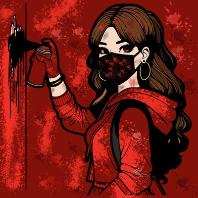 realistic girl with mask spray painting a wall