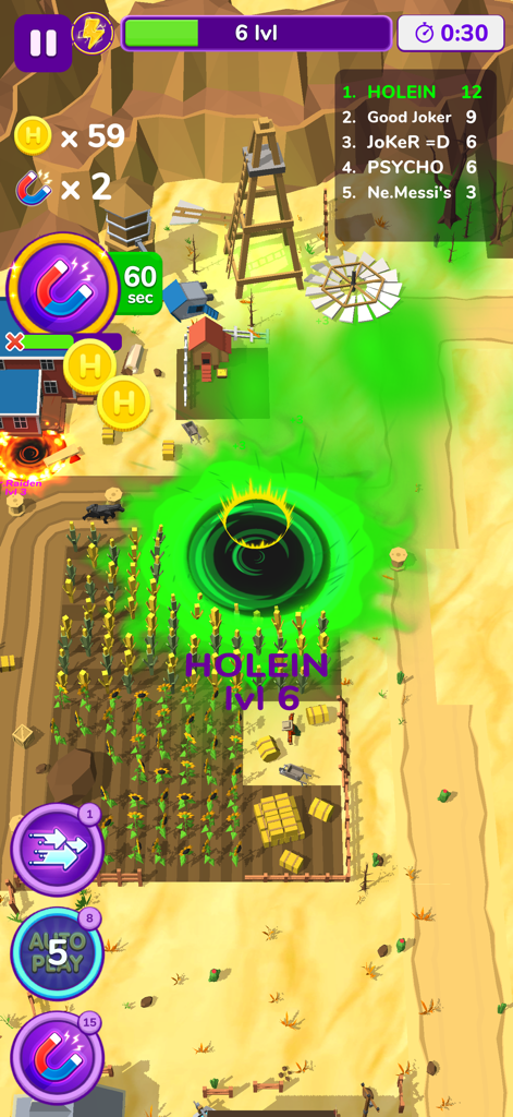 Holein. hole io blackhole game - A green glowing black hole devouring a cornfield on a farm map in the Holein game