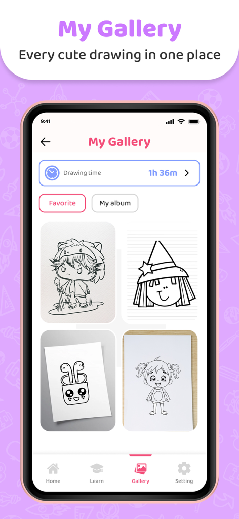 The My Gallery screen of the AR Drawing app showing various cute sketches and a drawing time tracker.