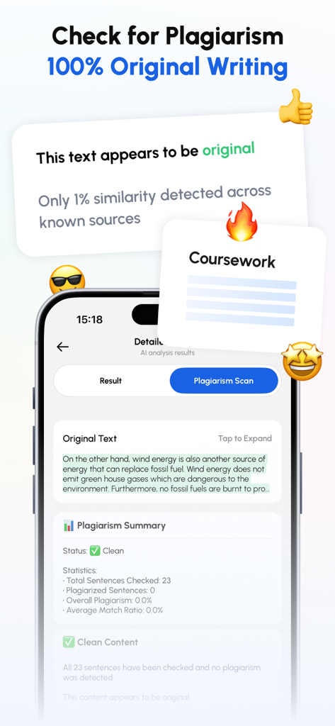 GPT Content Detector - Scan AI - A plagiarism scan result screen in the GPT Content Detector app showing one hundred percent original content and a clean status report.