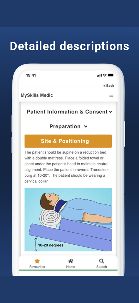 Una pantalla de móvil que muestra instrucciones médicas detalladas para la posición del paciente con una ilustración de un paciente con collarín cervical.
