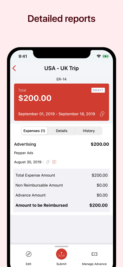 Zoho Expense: Travel & Expense - Zoho Expense Mobile App-Bildschirm, der eine detaillierte Reisekostenabrechnung und den zu erstattenden Gesamtbetrag anzeigt