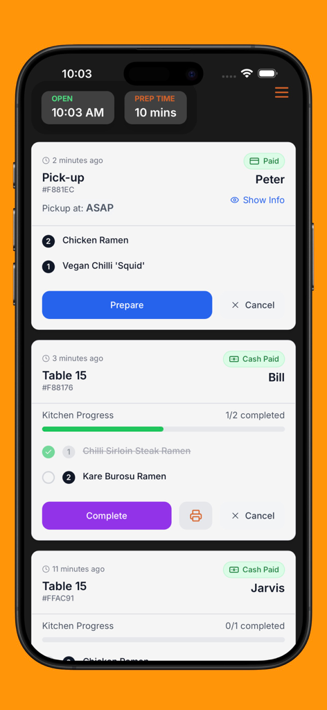 Orders Manager by Easy Menu - Painel do aplicativo móvel para gerenciamento de pedidos de restaurante mostrando pedidos para retirada e serviço de mesa.