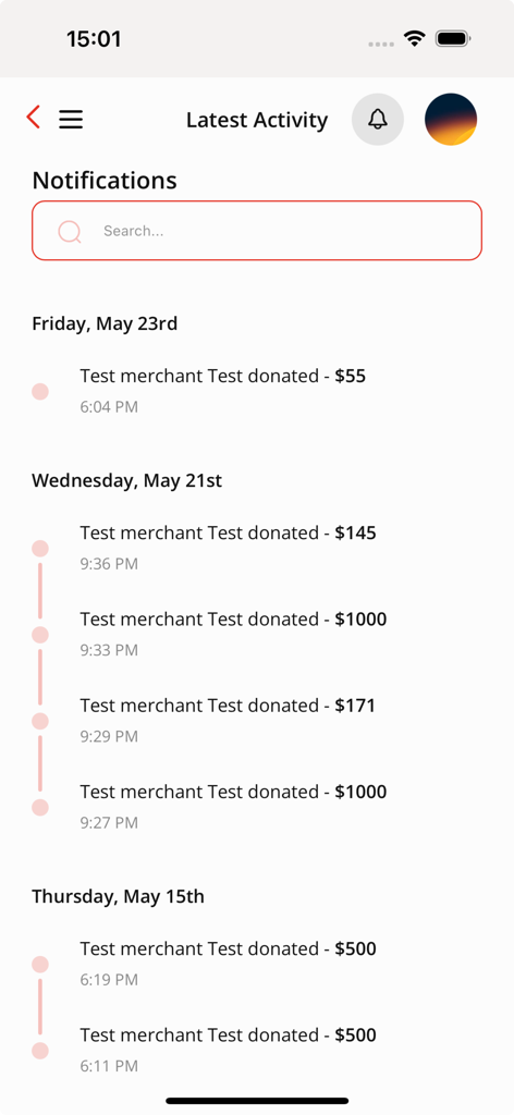 Mobile app interface showing latest fundraising activity and donation notifications