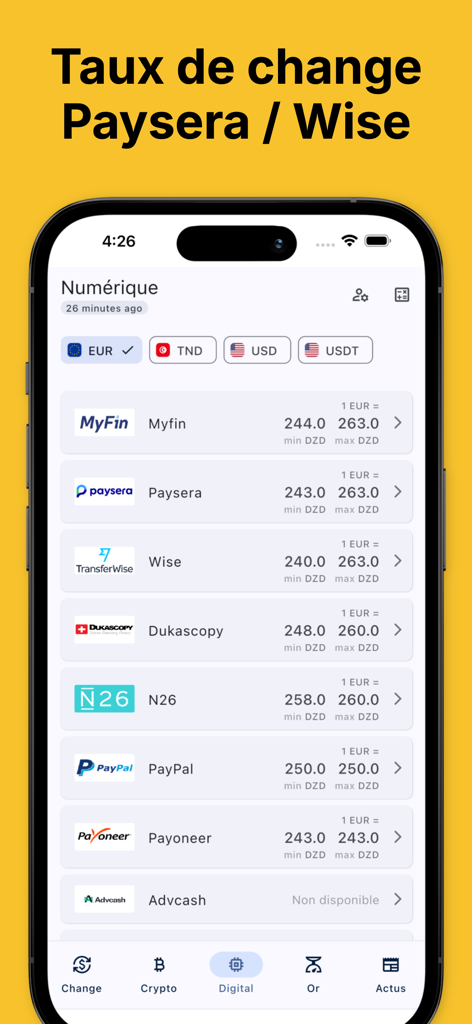 Comparison of exchange rates for digital payment platforms like Paysera and Wise in the Square Algeria app.
