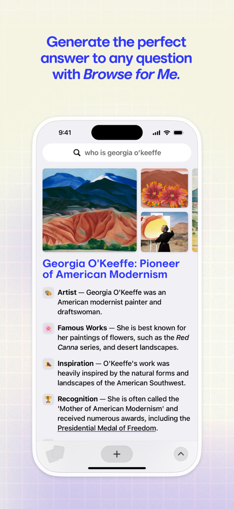 Arc Search app interface displaying an AI-generated summary for the query who is georgia okeeffe using the Browse for Me feature.