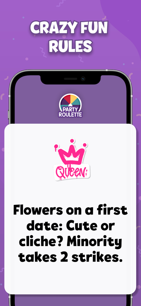 Party Roulette: Group games - Écran de l'application Party Roulette montrant une règle sociale amusante pour les groupes