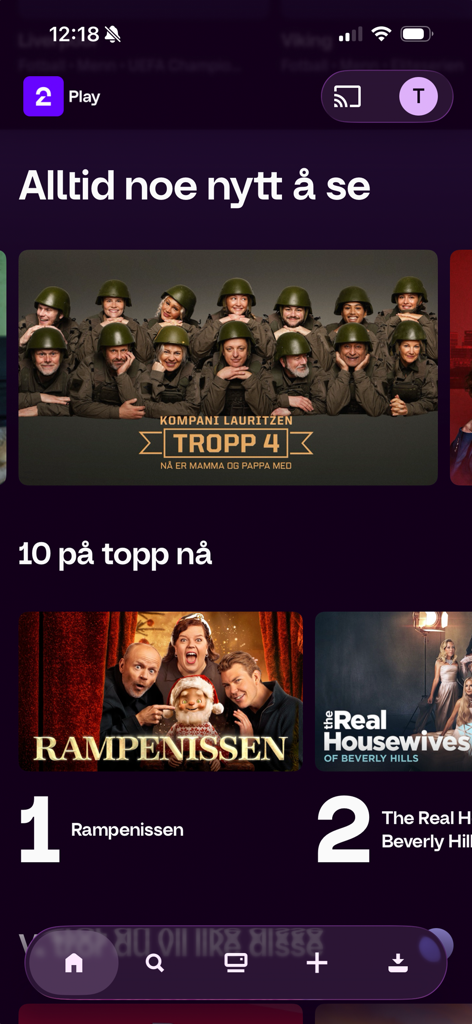 TV 2 Play - TV 2 Play app home screen showing trending Norwegian TV shows and movies