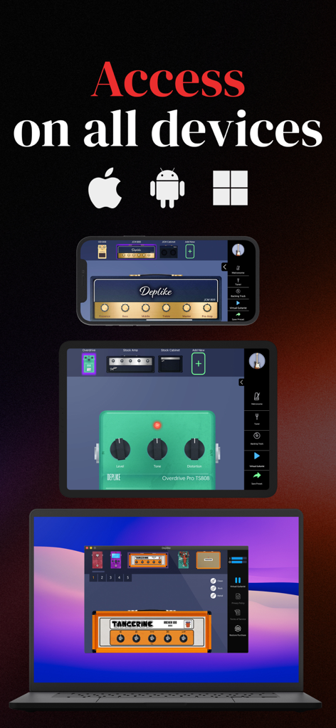 Guitar Amps, Effects, Pedals - Deplike guitar amps and effects app displayed on smartphone tablet and laptop interfaces