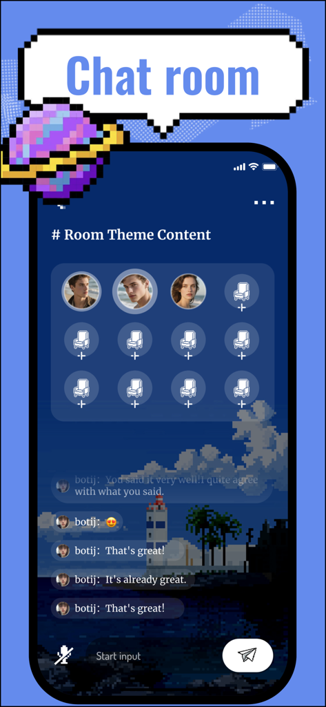 Miniro：Adult Share | Live Chat - Miniro app interface showing a themed chat room with user profiles and a live chat history
