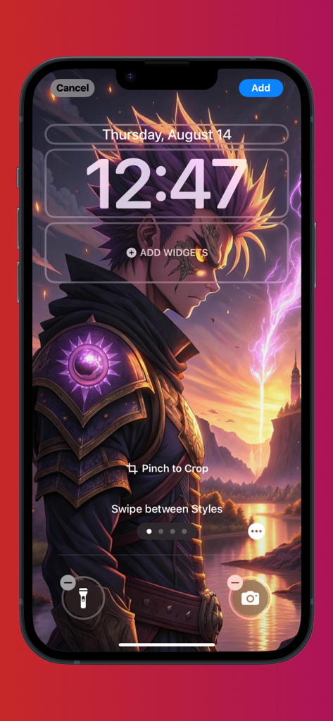 Un fondo de pantalla de anime 4K de alta calidad de un guerrero en una interfaz de personalización de pantalla de bloqueo de iPhone