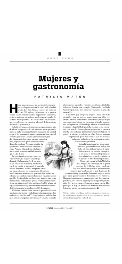 Digital editorial page from TAPAS Magazine featuring an article about women and gastronomy.