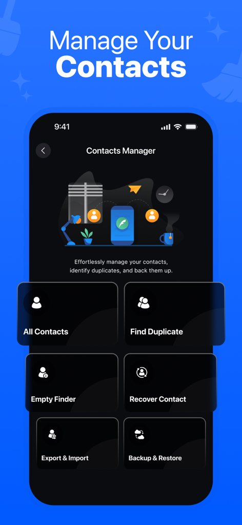 Cleaner for iPhone: Auto Clean - Interfaz de la aplicación Cleaner for iPhone para gestionar y limpiar contactos.