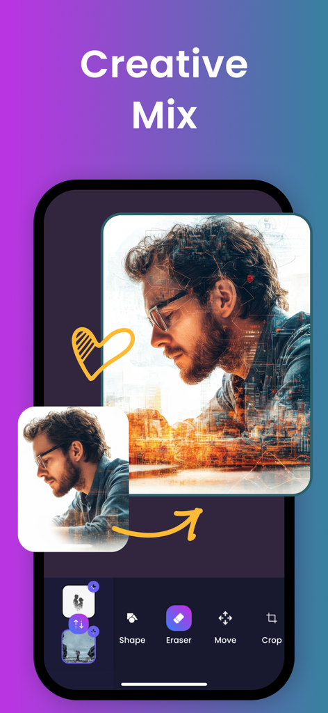 Interface do aplicativo móvel mostrando um efeito de foto de exposição dupla mesclando o retrato de um homem com uma paisagem urbana.