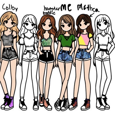 a group of girls wearing crop tops and shorts