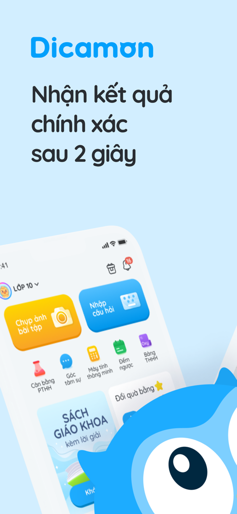 Dicamon - Giải Toán Lý Hóa Anh - Oberfläche der Dicamon-App, die Optionen zur Lösung von Hausaufgaben per Kamera und verschiedene MINT-Lernwerkzeuge anzeigt
