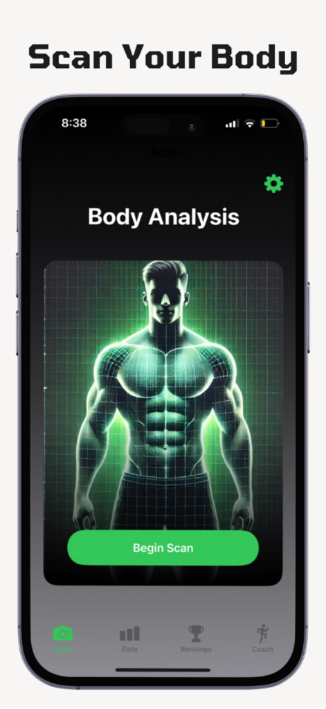 BodyScore mobile app screen for AI body analysis featuring a Begin Scan button and a glowing muscular avatar