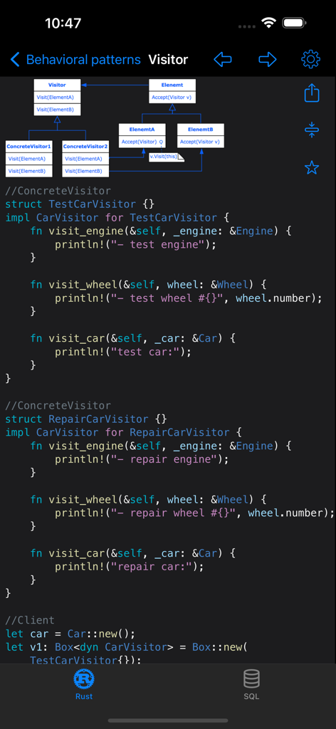 Rust Recipes - Rust code implementation and diagram for the Visitor behavioral design pattern in the Rust Recipes app