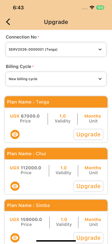 Savanna Fibre Customer App - A mobile app screen showing internet plan upgrade options including Twiga Chui and Simba plans with prices in UGX