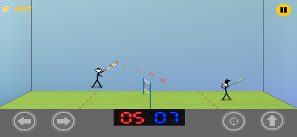 Stickman Badminton - Two stickman characters playing a competitive badminton match on a green court