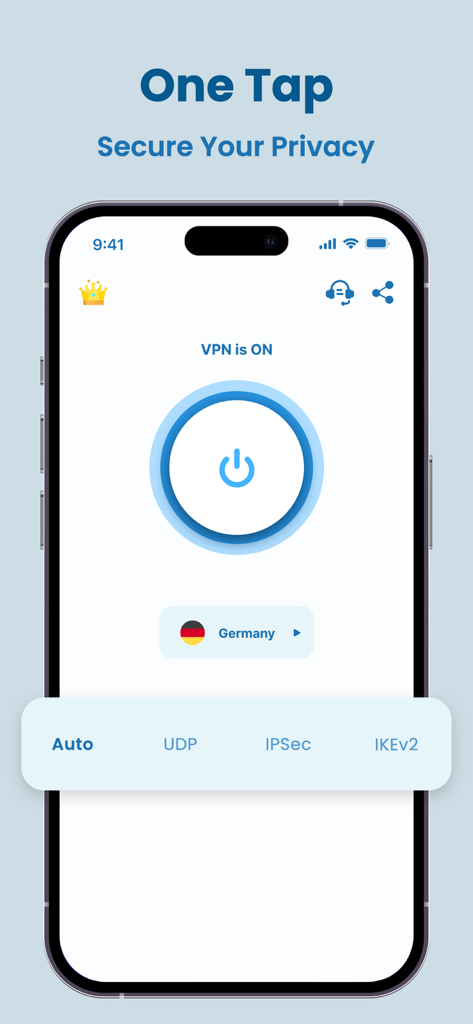 Oberfläche der VPN Fast Super App, die eine aktive Ein-Tipp-Sichere-Verbindung mit einem deutschen Server anzeigt