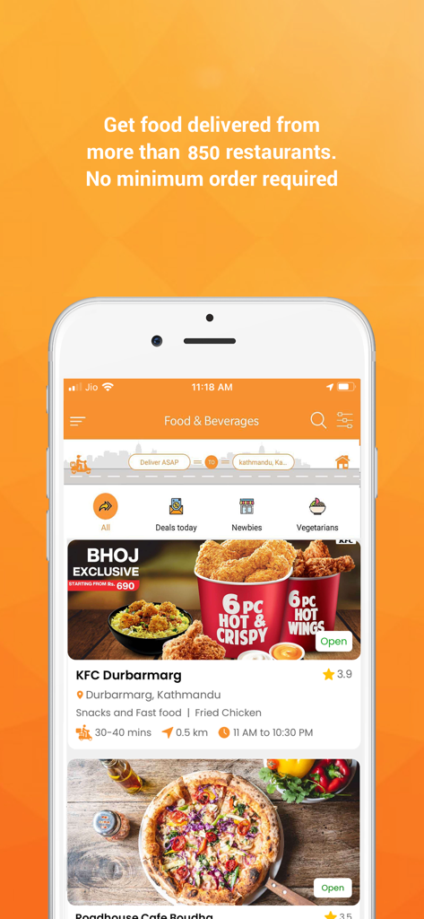 Bhojdeals (Now Bhoj) - Bhoj mobile app screen showing restaurant listings for food delivery in Kathmandu Nepal