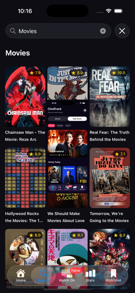 MovieBox app search interface showing a grid of movie posters with ratings in dark mode