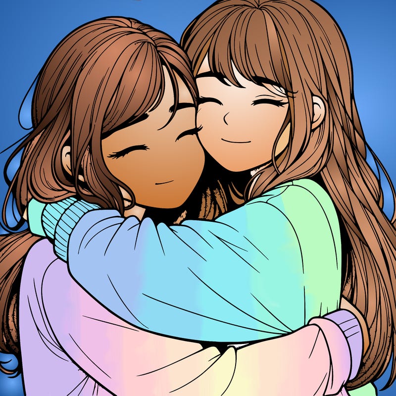 realistic two girls hugging