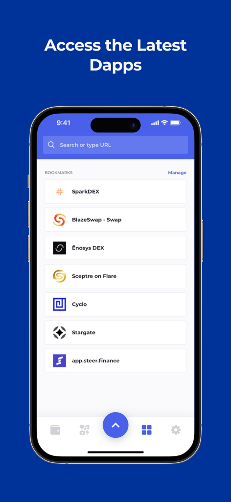 Bifrost Wallet in-app browser displaying a list of bookmarked decentralized applications like SparkDEX and BlazeSwap.