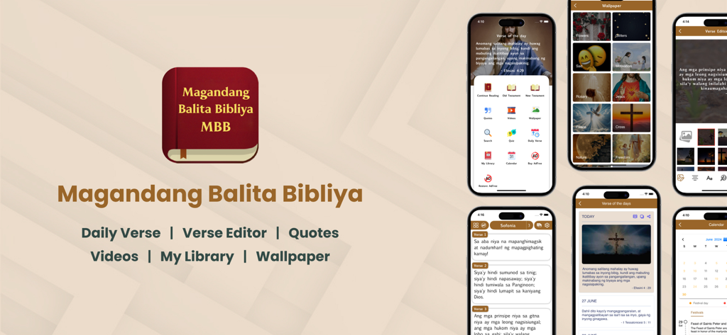 Interface of the Magandang Balita Bibliya MBB app showing Daily Verse, Verse Editor, and Bible reading features on iPhone