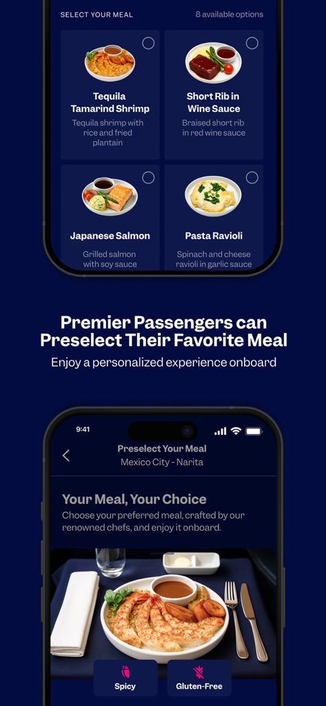 Aeroméxico - Mobile app screen for preselecting gourmet meals on Aeromexico flights