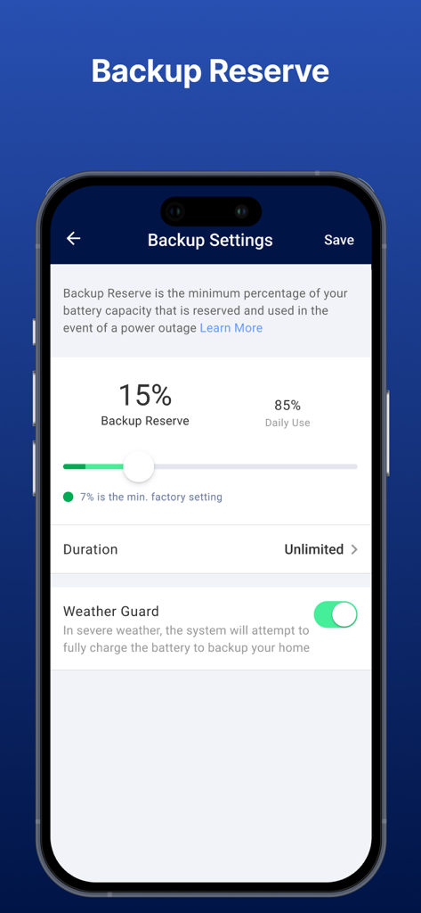 mySolarEdge app screen showing backup battery reserve settings and weather guard toggle