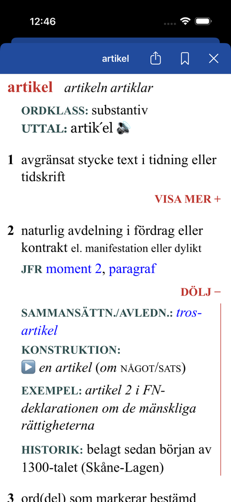 Svensk ordbok - Detailed dictionary entry for the word artikel in the Svensk ordbok app showing definitions and etymology