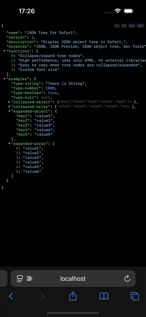 JSON Tree - JSON Tree app interface on iPhone showing a JSON object with expanded nodes in dark mode