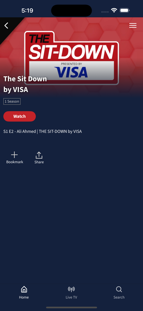 Pantalla de detalles del video para el programa The Sit Down by VISA en la aplicación OneSoccer.