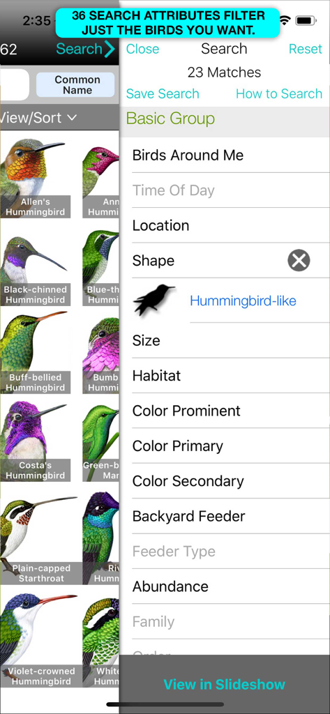 Interface de recherche paramétrique avancée dans iBird Pro affichant divers filtres d'identification des oiseaux tels que la forme et l'habitat.