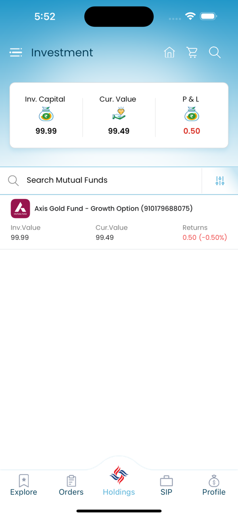 Chola Securities - Schermata delle partecipazioni del portafoglio nell'app Chola Securities che mostra il capitale investito e il valore attuale dei fondi comuni di investimento.