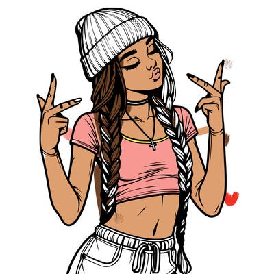 realistic teenage girl with braids and a beanie and crop top doing 🫶🏼