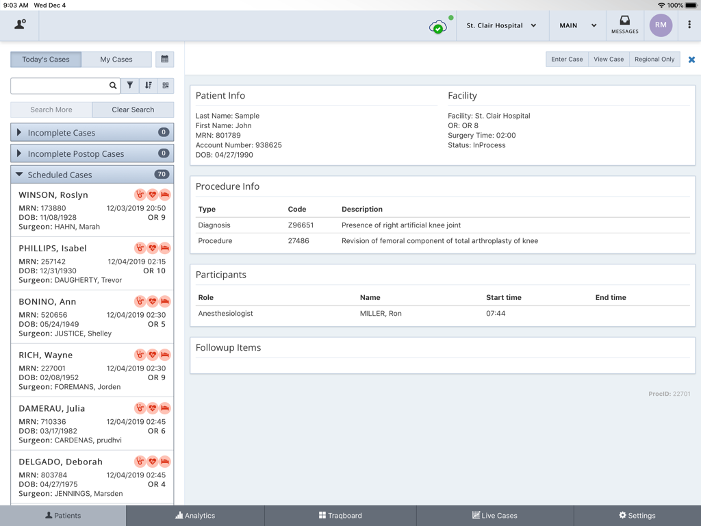 iPro Anesthesia 2 - Patient case details and scheduled surgical list on the iPro Anesthesia 2 iPad application