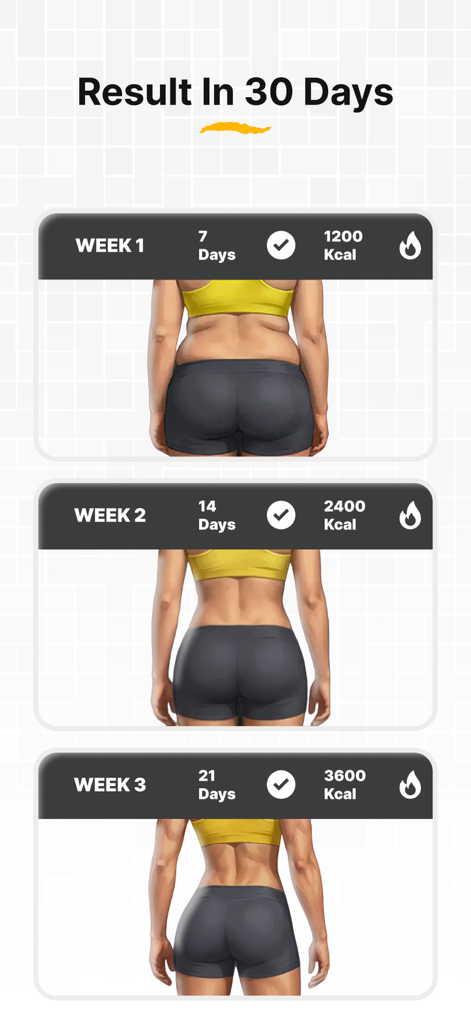 30 Day Butt Challenge workout - A fitness app screen showing a woman's glute transformation and calorie burn progress over three weeks.
