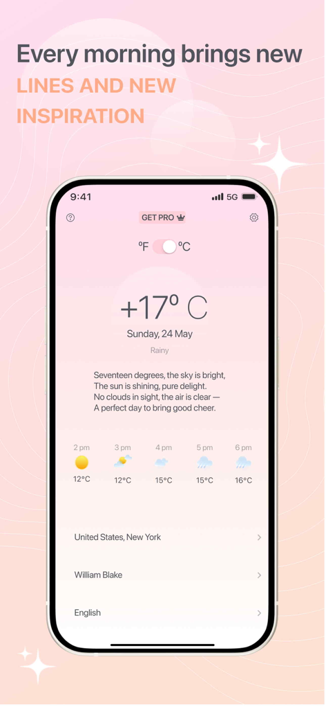 Weather & Poetry Widget - Interfaz de la aplicación Weather and Poetry mostrando un pronóstico del clima poético con un tema estético rosa