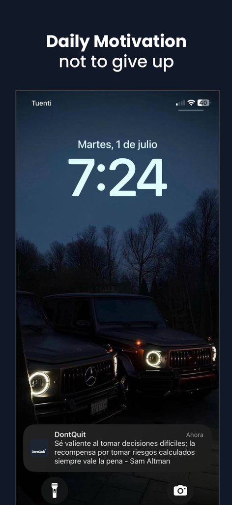 DontQuit - Motivational Quotes - Pantalla de bloqueo de iPhone que muestra una notificación diaria de frases de motivación de la aplicación DontQuit sobre un fondo de pantalla de coche de lujo oscuro.