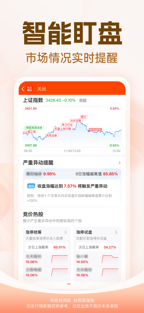 Interface do aplicativo East Money apresentando monitoramento do mercado de ações em tempo real e alertas de dados financeiros