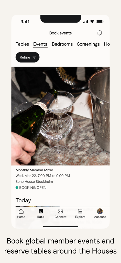 소호 하우스 회원 이벤트 및 테이블 예약 인터페이스
